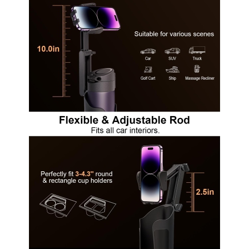T 2 in 1 Cup Holder Phone Mount for Car Bottle Friendly Cup Phone Holder for Car Height Adjustable Phone Holder Cupholder Easy Install & Sturdy &