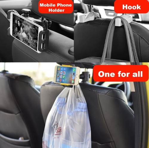 Car Headrest Phone Mount Holder, 360° Swivel, Universal Back Seat Mobile Device Stand, Adjustable