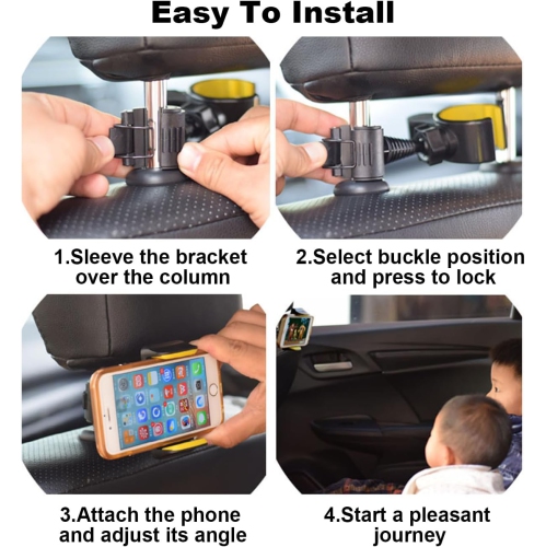 Car Headrest Phone Mount Holder, 360° Swivel, Universal Back Seat Mobile Device Stand, Adjustable