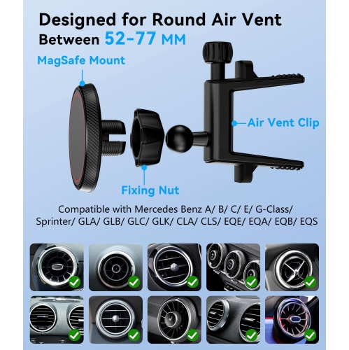 A Compatible with Magsafe Car Mount for Mercedes Benz A/B/C/E/G/GLA/GLK/Mini Cooper Round Air Vent, Strong Magnetic Phone Holder for iPhone 16 15 14