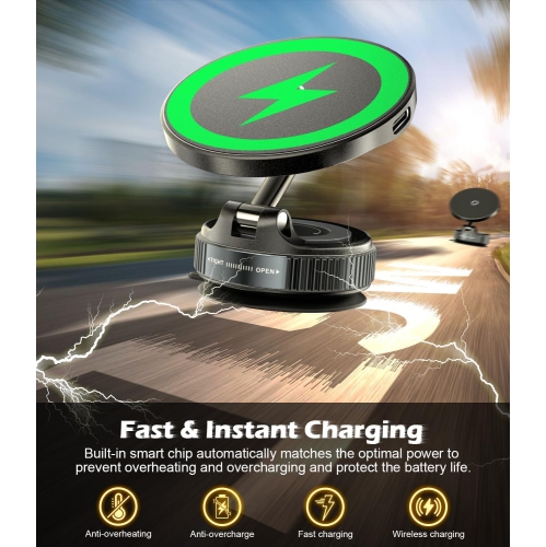 C 15W Fast Wireless Car Phone Holder Mount, Magnetic Charger with Super Strong Vacuum Suction, 360° Adjustable Foldable Stand for Car Dashboard,