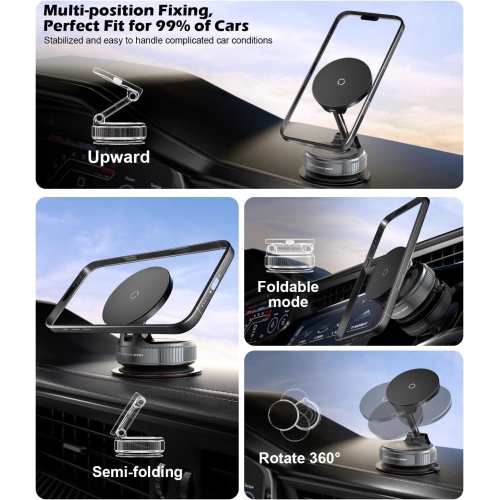 C 15W Fast Wireless Car Phone Holder Mount, Magnetic Charger with Super Strong Vacuum Suction, 360° Adjustable Foldable Stand for Car Dashboard,