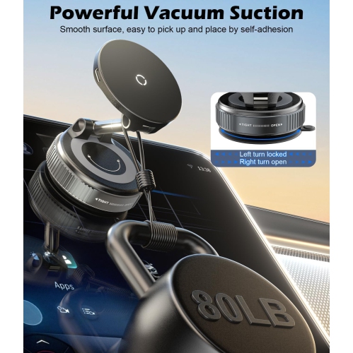 C 15W Fast Wireless Car Phone Holder Mount, Magnetic Charger with Super Strong Vacuum Suction, 360° Adjustable Foldable Stand for Car Dashboard,