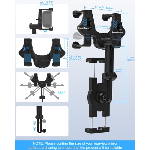 Rear View Mirror Car Phone Holder - [Four Claws Anti-Shake] Cell Phone Holder for Car Rearview Mirror with Multifunctional 360° Rotatable &