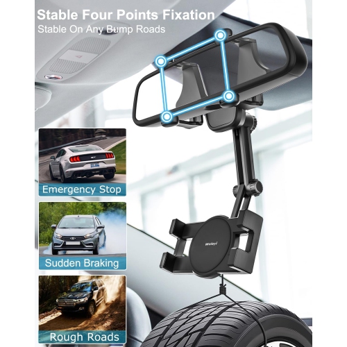 Rear View Mirror Car Phone Holder - [Four Claws Anti-Shake] Cell Phone Holder for Car Rearview Mirror with Multifunctional 360° Rotatable &