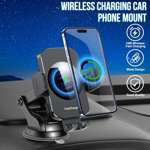 Car Phone Holder 15w Auto Clamping CarPhone Holder Phone Mount for iPhone 16 15 14 13 12 11 Pro Max Xs, Samsung Galaxy S24 Ultra S23 S22 S21 S20 S10+