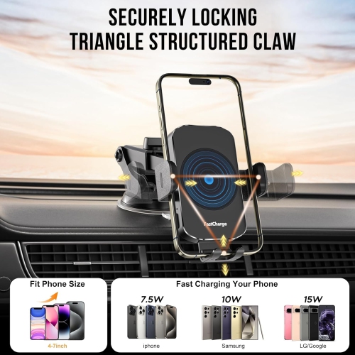Car Phone Holder 15w Auto Clamping CarPhone Holder Phone Mount for iPhone 16 15 14 13 12 11 Pro Max Xs, Samsung Galaxy S24 Ultra S23 S22 S21 S20 S10+