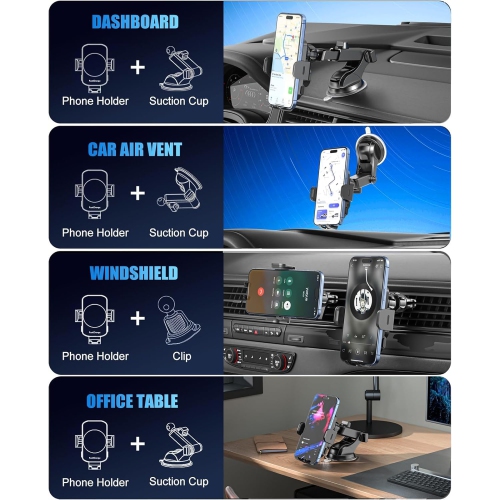 Car Phone Holder 15w Auto Clamping CarPhone Holder Phone Mount for iPhone 16 15 14 13 12 11 Pro Max Xs, Samsung Galaxy S24 Ultra S23 S22 S21 S20 S10+