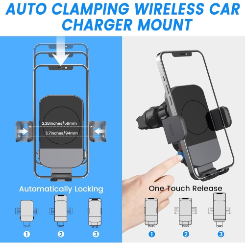 Car Phone Holder 15w Auto Clamping CarPhone Holder Phone Mount for iPhone 16 15 14 13 12 11 Pro Max Xs, Samsung Galaxy S24 Ultra S23 S22 S21 S20 S10+