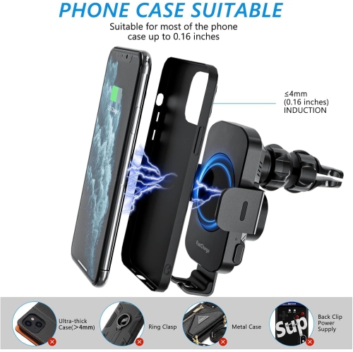 Car Phone Holder 15w Auto Clamping CarPhone Holder Phone Mount for iPhone 16 15 14 13 12 11 Pro Max Xs, Samsung Galaxy S24 Ultra S23 S22 S21 S20 S10+