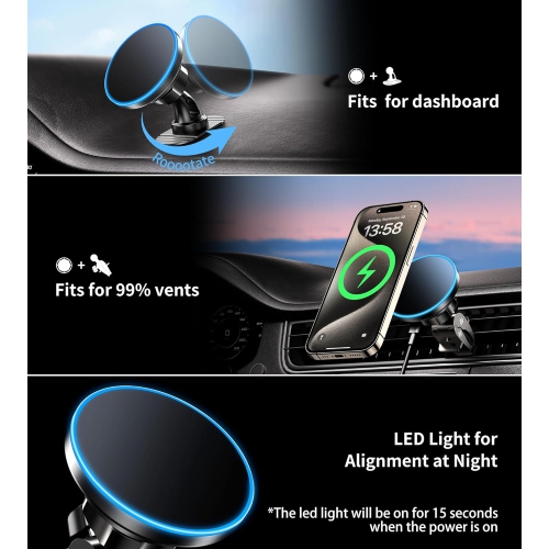 B for MagSafe Car Mount Charger, 15W Magnetic Car Phone Charger for Vent/Dashboard, [2025 New] Car Phone Holder Mount, Fast Charging Magsafe Car