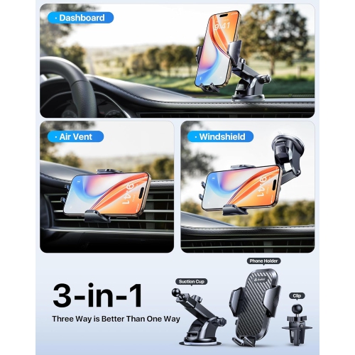 a Car Phone Holder Mount Phone Mount for Car - Easy Clamp Hands-Free Universal - Fit for Dashboard-Windshield-Vent iPhone Samsung and More Phones