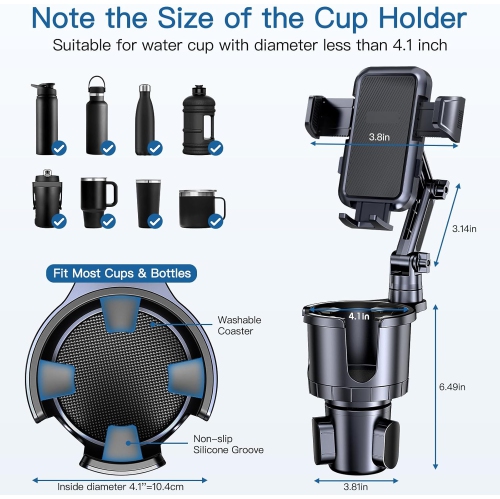 Car Cup Holder Phone Mount,U 2 in 1 Cup Holder Cell Phone Holder Cradle with Adjustable Base & Long Neck for Car,360°Rotation Phone Mount Compatible