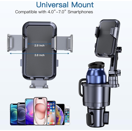 Car Cup Holder Phone Mount,U 2 in 1 Cup Holder Cell Phone Holder Cradle with Adjustable Base & Long Neck for Car,360°Rotation Phone Mount Compatible
