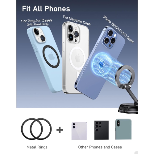 B Phone Holder Car for MagSafe, [20xN52 Strong Magnets] Magnetic Car Phone Holder Mount - 360° Rotation, Upgraded Ultra Stable Suction Cup for iPhone