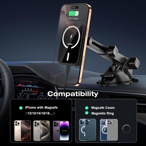 for MagSafe Car Mount Charger, Magnetic Wireless Charging Phone Holder Fits iPhone 16/15/14/13/12 Pro Max Plus/MagSafe Case on Dash/Windshield/Air