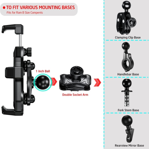 i Anti-Vibration Motorcycle Phone Mount with 1 Ball Head Fits for RAM B Size Mounts/Accessories with 1 Ball Socket,One-Handed Operation and