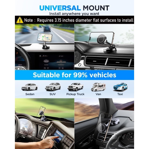 T for MagSafe Car Mount, Car Phone Holder for Dashboard, 360° Rotatable Magnetic Phone Holder for Cars, Strong Adhesive, Sturdy Metal Mount,
