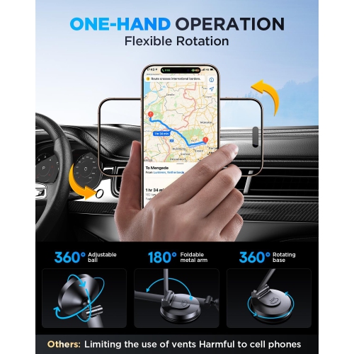 T for MagSafe Car Mount, Car Phone Holder for Dashboard, 360° Rotatable Magnetic Phone Holder for Cars, Strong Adhesive, Sturdy Metal Mount,