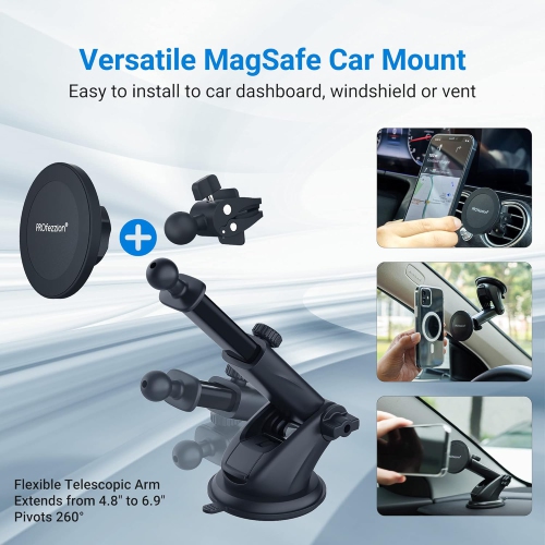 P Suction Cup & Vent Clip Magnetic Phone Holder Compatible with MagSafe on Car Dash, Windshield or Vent for iPhone 16 15 14 13 12 Pro Max Plus,