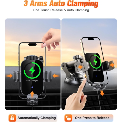 T Wireless Car Charger Mount Auto Clamping, 15W Fast Charging Car Phone Holder Charger for Dash Windshield Vent Compatible with iPhone 16 15 14 13