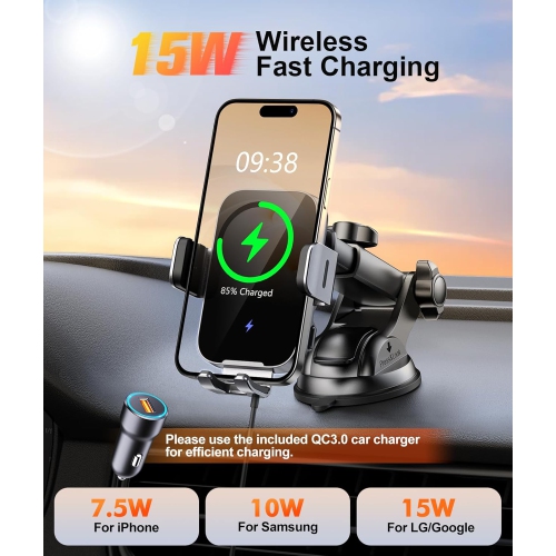 T Wireless Car Charger Mount Auto Clamping, 15W Fast Charging Car Phone Holder Charger for Dash Windshield Vent Compatible with iPhone 16 15 14 13