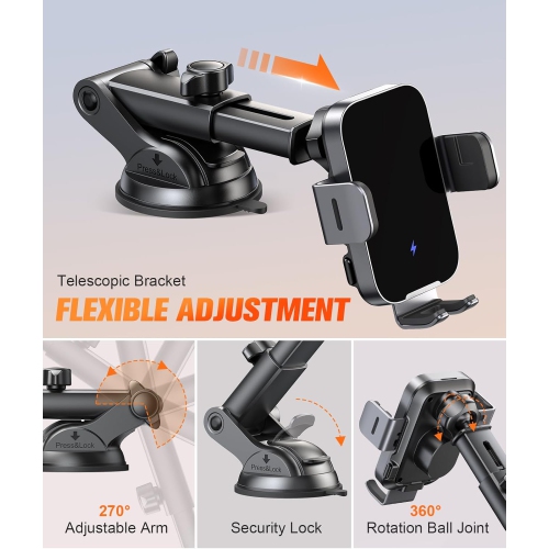 T Wireless Car Charger Mount Auto Clamping, 15W Fast Charging Car Phone Holder Charger for Dash Windshield Vent Compatible with iPhone 16 15 14 13