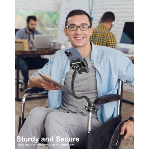 Gooseneck Phone Holder for Wheelchair, Stroller, Golf Cart, Boat, Mic Stand, Indoor Cycling Bike, Gym Bicycle Handlebar Clamp, Compatible with iPhone