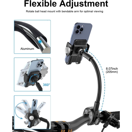 Gooseneck Phone Holder for Wheelchair, Stroller, Golf Cart, Boat, Mic Stand, Indoor Cycling Bike, Gym Bicycle Handlebar Clamp, Compatible with iPhone