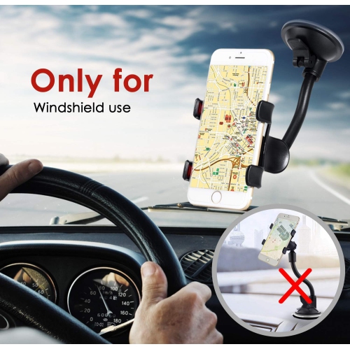 Car Phone Holder Mount Windshield, Long Arm Clamp i Universal Windshield with Double Clip Strong Suction Cup Cell Phone Holder Car Compatible iPhone