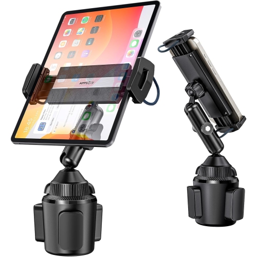 A iPad Cup Holder Mount, Adjustable Alloy Arm for Car, Tablet Mount Road Trip Essentials Compatible With 4.7-12.9 Cell Phones & Tablets
