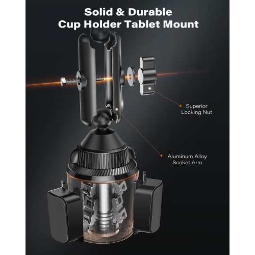 A iPad Cup Holder Mount, Adjustable Alloy Arm for Car, Tablet Mount Road Trip Essentials Compatible With 4.7-12.9 Cell Phones & Tablets