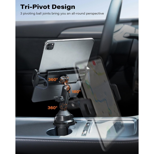 A iPad Cup Holder Mount, Adjustable Alloy Arm for Car, Tablet Mount Road Trip Essentials Compatible With 4.7-12.9 Cell Phones & Tablets