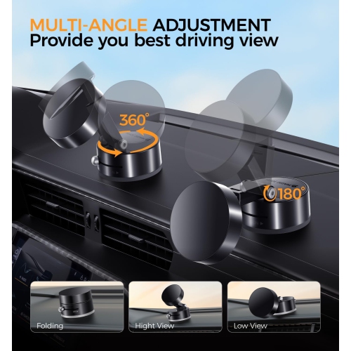MAGIC JOHN Magnetic Car Phone Holder, Universal Mobile Phone Mount, Vacuum Suction Cup with Adjustable Telescopic Arm, 360 Rotating Magnetic Car