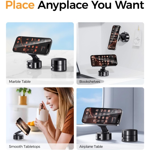 MAGIC JOHN Magnetic Car Phone Holder, Universal Mobile Phone Mount, Vacuum Suction Cup with Adjustable Telescopic Arm, 360 Rotating Magnetic Car