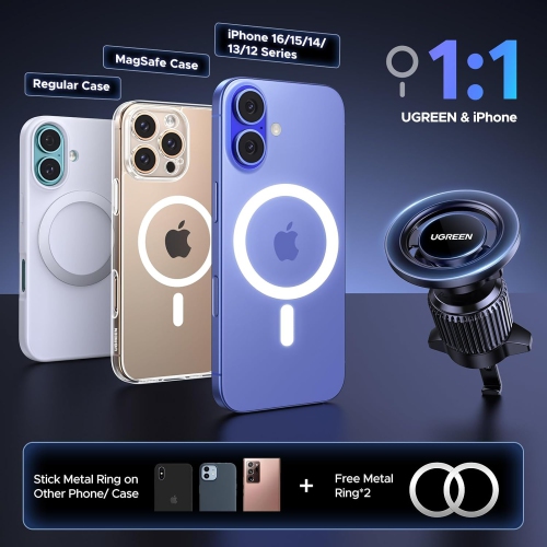 U Magnetic Phone Holder Car for MagSafe, Car Phone Holder Vent Mount 360° Rotation Magsafe Phone Mount with 2 Metal Rings Compatible with iPhone16 15