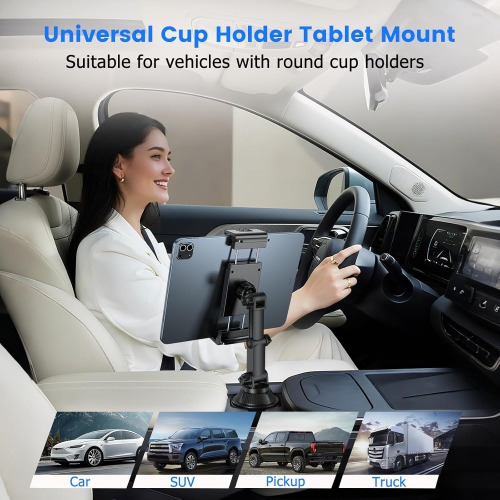 P Tablet Holder for Car Cup Phone Stand Mount 360° Rotation with Adjustable Arm Compatible with iPad Galaxty Tab/Z Fold 5.1''-15.6'' Phones Tablets,