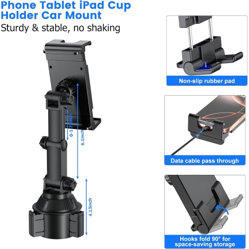 P Tablet Holder for Car Cup Phone Stand Mount 360° Rotation with Adjustable Arm Compatible with iPad Galaxty Tab/Z Fold 5.1''-15.6'' Phones Tablets,