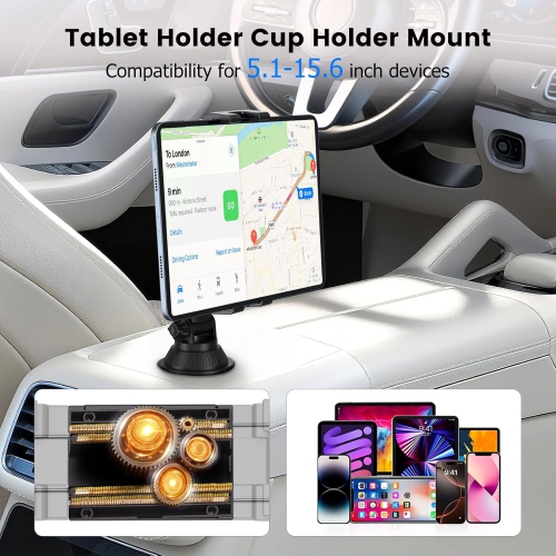 P Tablet Holder for Car Cup Phone Stand Mount 360° Rotation with Adjustable Arm Compatible with iPad Galaxty Tab/Z Fold 5.1''-15.6'' Phones Tablets,