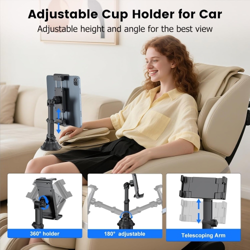 P Tablet Holder for Car Cup Phone Stand Mount 360° Rotation with Adjustable Arm Compatible with iPad Galaxty Tab/Z Fold 5.1''-15.6'' Phones Tablets,