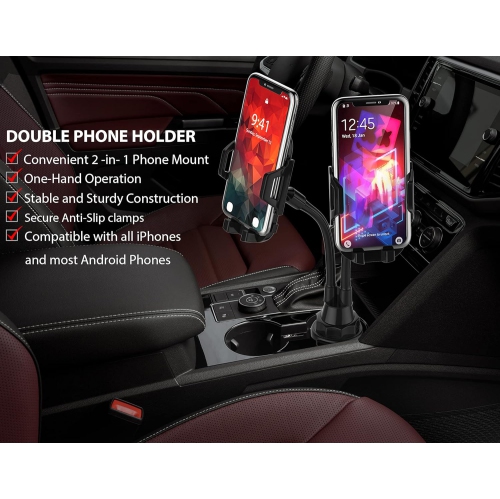 C Dual Phone Holder for Car Cup Holder – Long Flexible Neck, 360° Rotatable Car Phone Mount - Adjustable Cell Phone Cup Holder, Universal Size Fits 2