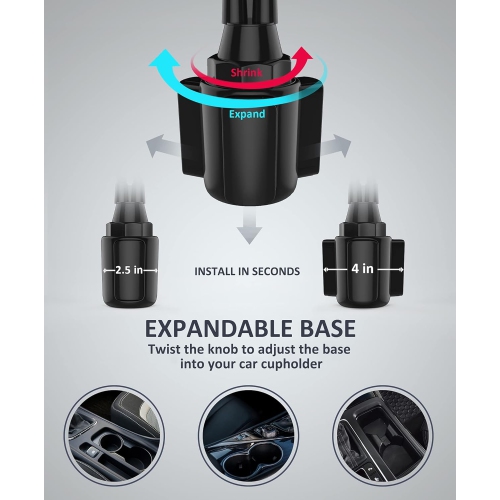 C Dual Phone Holder for Car Cup Holder – Long Flexible Neck, 360° Rotatable Car Phone Mount - Adjustable Cell Phone Cup Holder, Universal Size Fits 2