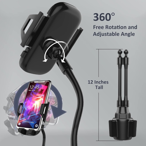 C Dual Phone Holder for Car Cup Holder – Long Flexible Neck, 360° Rotatable Car Phone Mount - Adjustable Cell Phone Cup Holder, Universal Size Fits 2