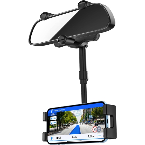 Car Rearview Mirror Phone Holder Mount [360°Rotatable & Retractable] Rear View Mirror Cell Phone Holder for Car, Universal Multifunctional Car Clip