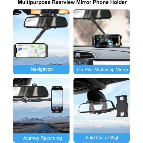 Car Rearview Mirror Phone Holder Mount [360°Rotatable & Retractable] Rear View Mirror Cell Phone Holder for Car, Universal Multifunctional Car Clip