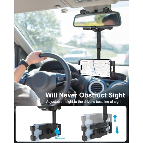Car Rearview Mirror Phone Holder Mount [360°Rotatable & Retractable] Rear View Mirror Cell Phone Holder for Car, Universal Multifunctional Car Clip