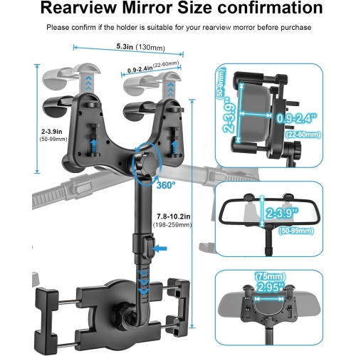 Car Rearview Mirror Phone Holder Mount [360°Rotatable & Retractable] Rear View Mirror Cell Phone Holder for Car, Universal Multifunctional Car Clip