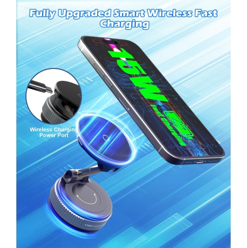A 15W Fast Charger Car Phone Holder Mount, Wireless Magnetic Holder with Strong Vacuum Suction, 360° Adjustable Foldable Car Mount with MagSafe for