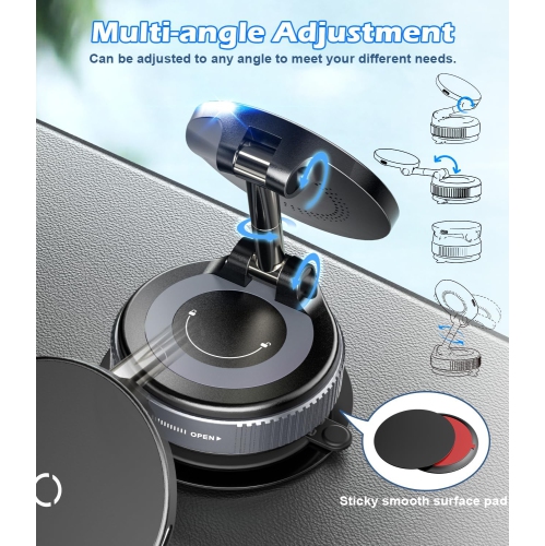 A 15W Fast Charger Car Phone Holder Mount, Wireless Magnetic Holder with Strong Vacuum Suction, 360° Adjustable Foldable Car Mount with MagSafe for