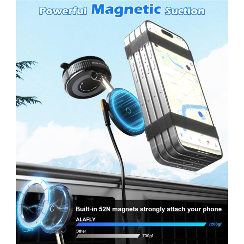 A 15W Fast Charger Car Phone Holder Mount, Wireless Magnetic Holder with Strong Vacuum Suction, 360° Adjustable Foldable Car Mount with MagSafe for
